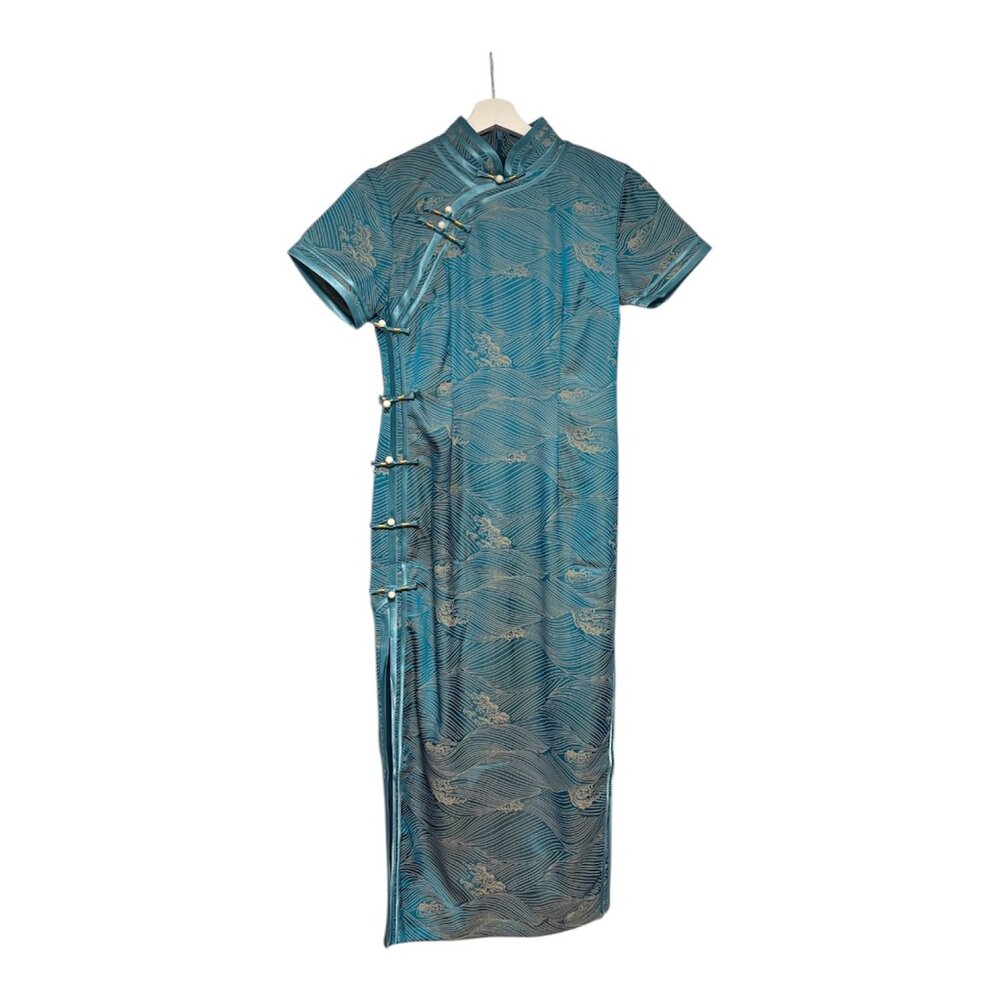 Silk Spandex Blue Wave Print Cheongsam Qipao Mandarin Collar Dress Size Medium